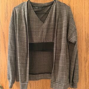 SHEIN Black and Gray Plaid Open-Front Layered Blazer Cardigan